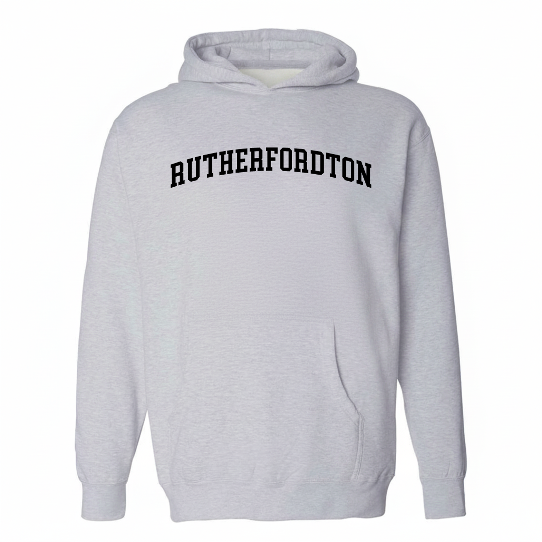 Heather-gray hoodie with the Rutherfordton varsity arched lettering design on the chest.