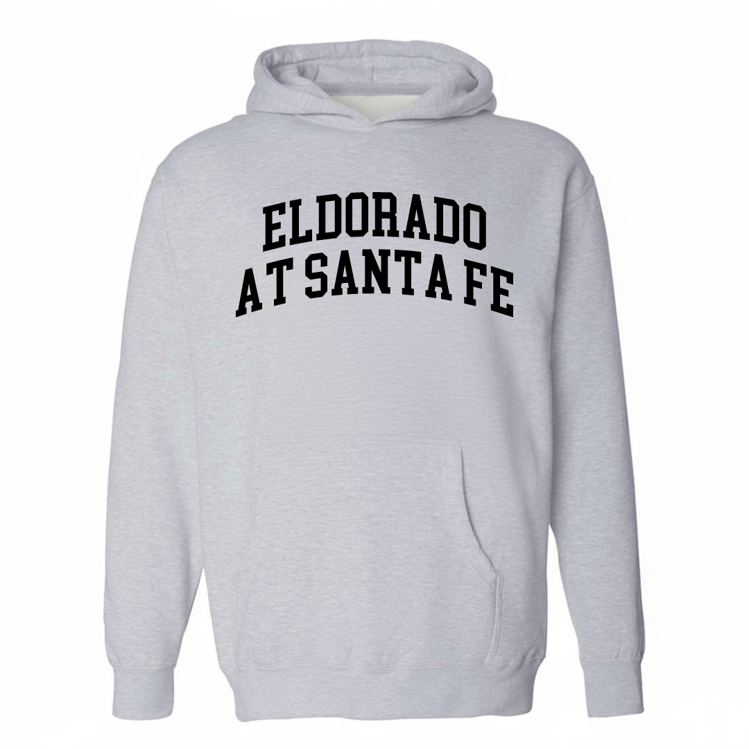 Heather-gray hoodie with the Eldorado at Santa Fe varsity arched lettering design on the chest.