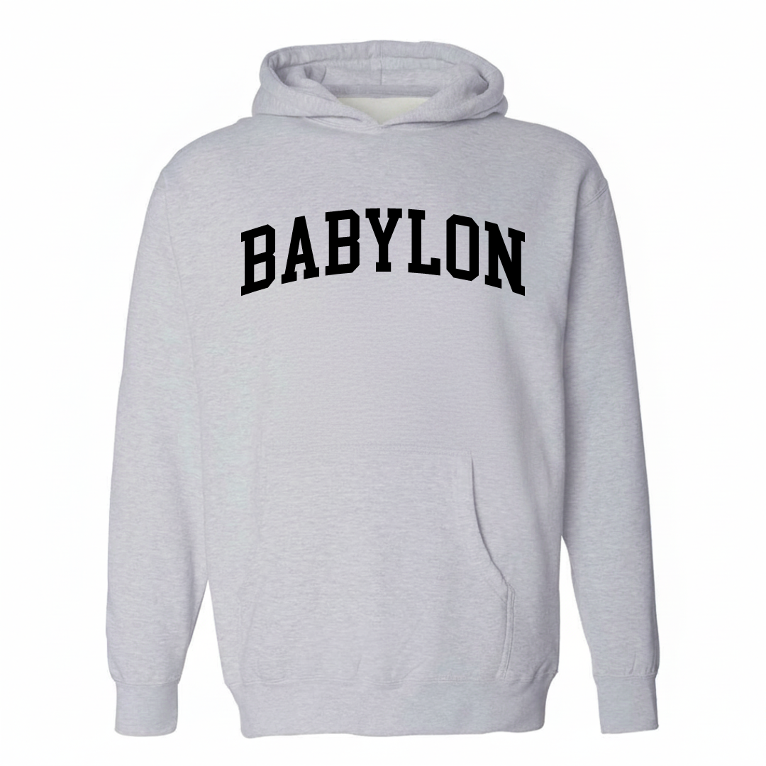Heather-gray hoodie with the Babylon varsity arched lettering design on the chest.
