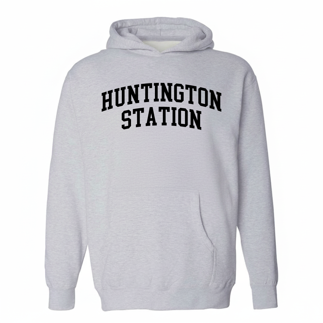 Heather-gray hoodie with the Huntington Station varsity arched lettering design on the chest.
