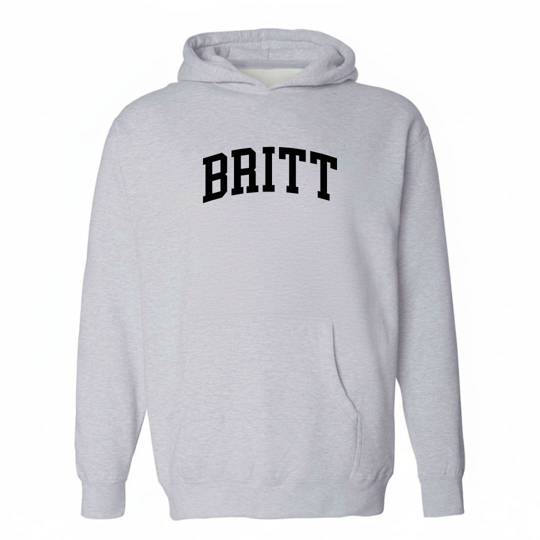 Heather-gray hoodie with the Britt, Iowa varsity arched lettering design on the chest.