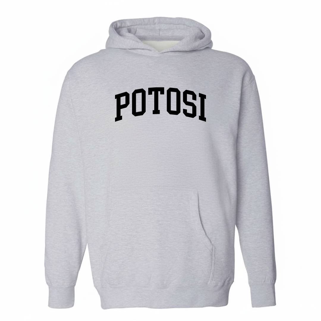 Heather-gray hoodie with the Potosi arched lettering varsity-collegiate design on the chest.
