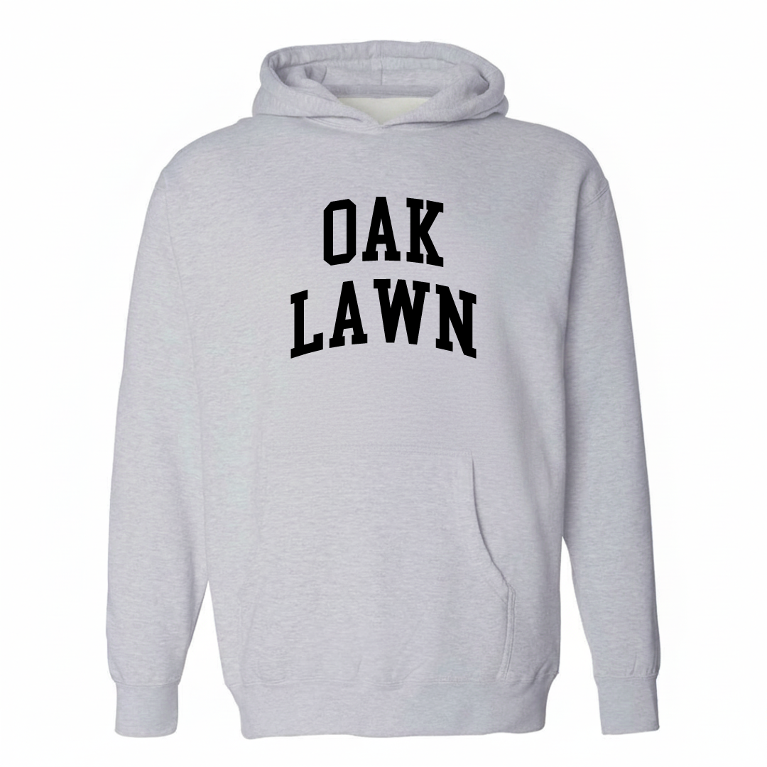 Heather-gray hoodie with the Oak Lawn arched lettering design on the chest.