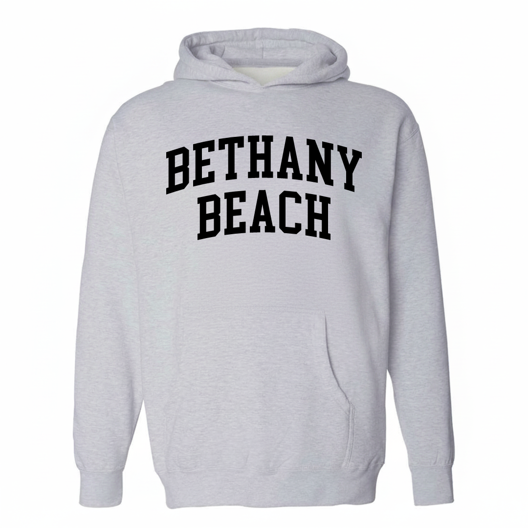 Heather-gray hoodie with the Bethany Beach varsity arched lettering design on the chest.