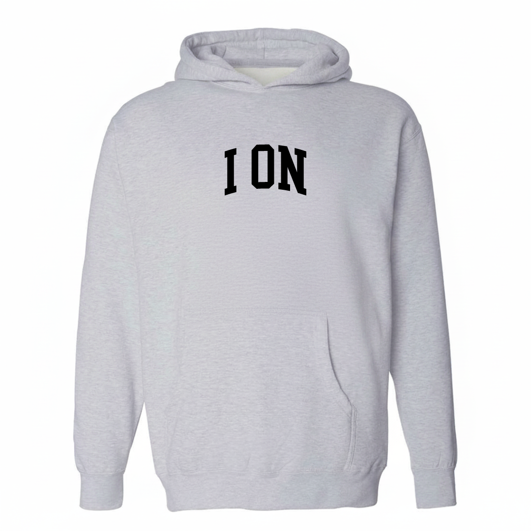 Heather-gray hoodie with the I'On varsity arched lettering design on the chest.