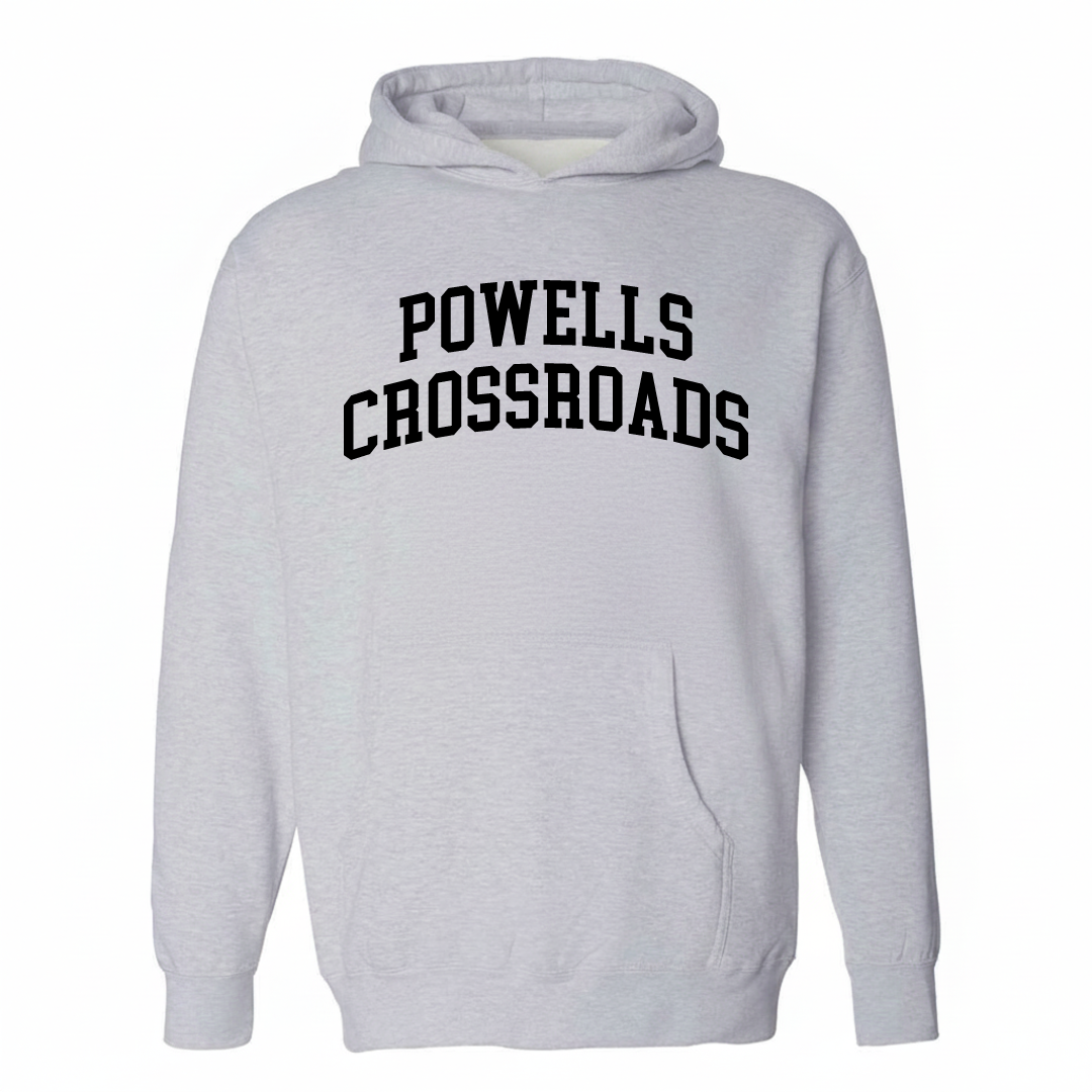 Heather-gray hoodie with the Powells Crossroads varsity arched lettering design on the chest.