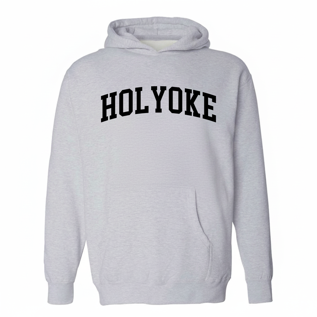 Heather-gray hoodie with the Holyoke arched lettering varsity-collegiate design on the chest.