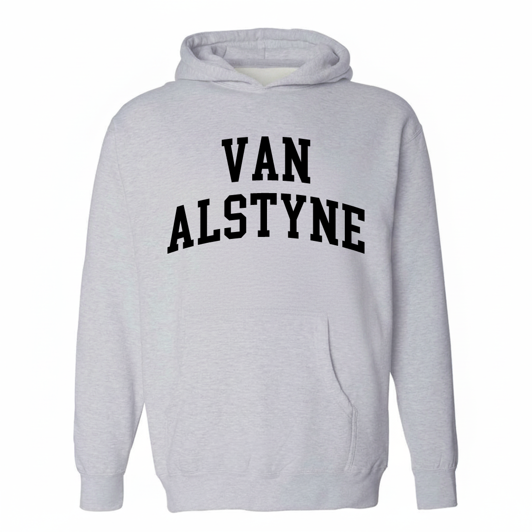 Heather-gray hoodie with the Van Alstyne arched lettering varsity-collegiate design on the chest.