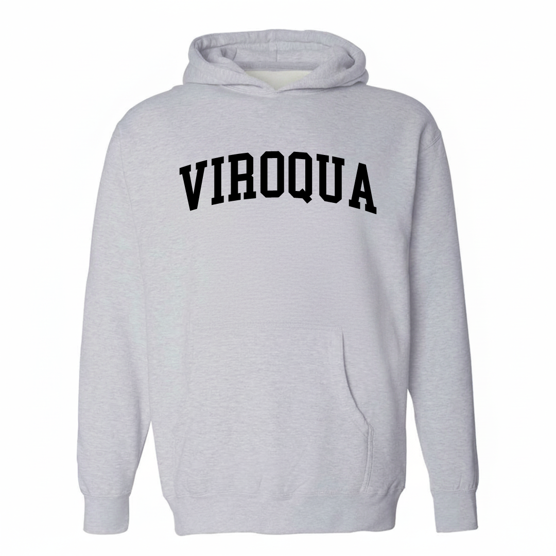 Heather-gray hoodie with the Viroqua varsity arched lettering design on the chest.