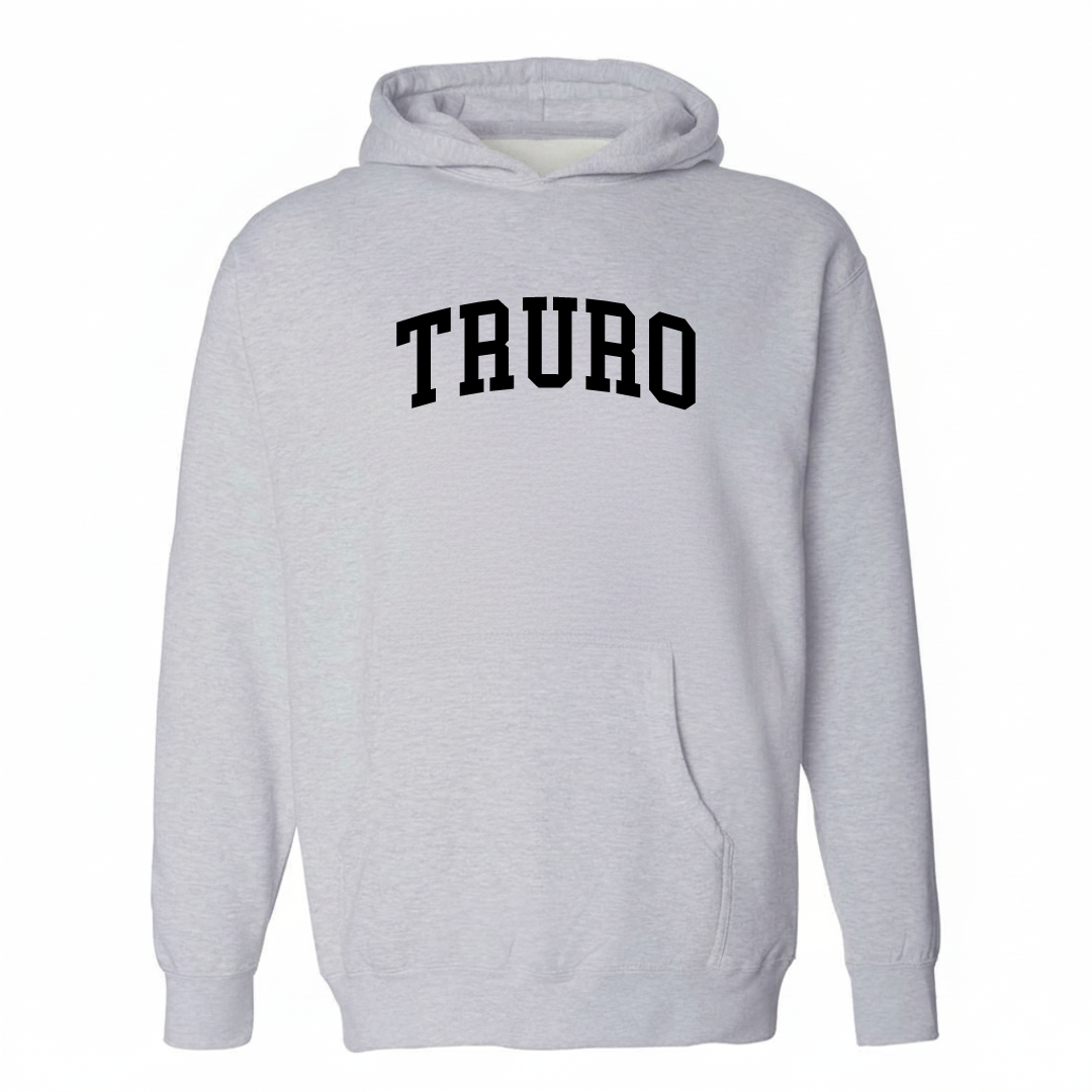 Heather-gray hoodie with the Truro varsity arched lettering design on the chest.