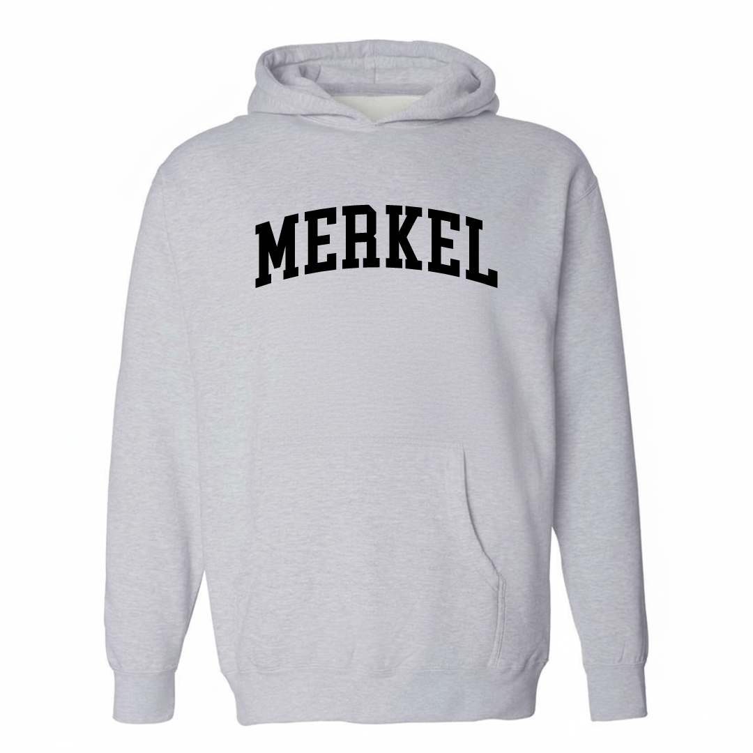 Heather-gray hoodie with the Merkel varsity arched lettering design on the chest.