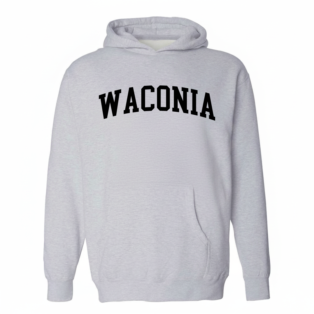 Heather-gray hoodie with the Waconia varsity arched lettering design on the chest.