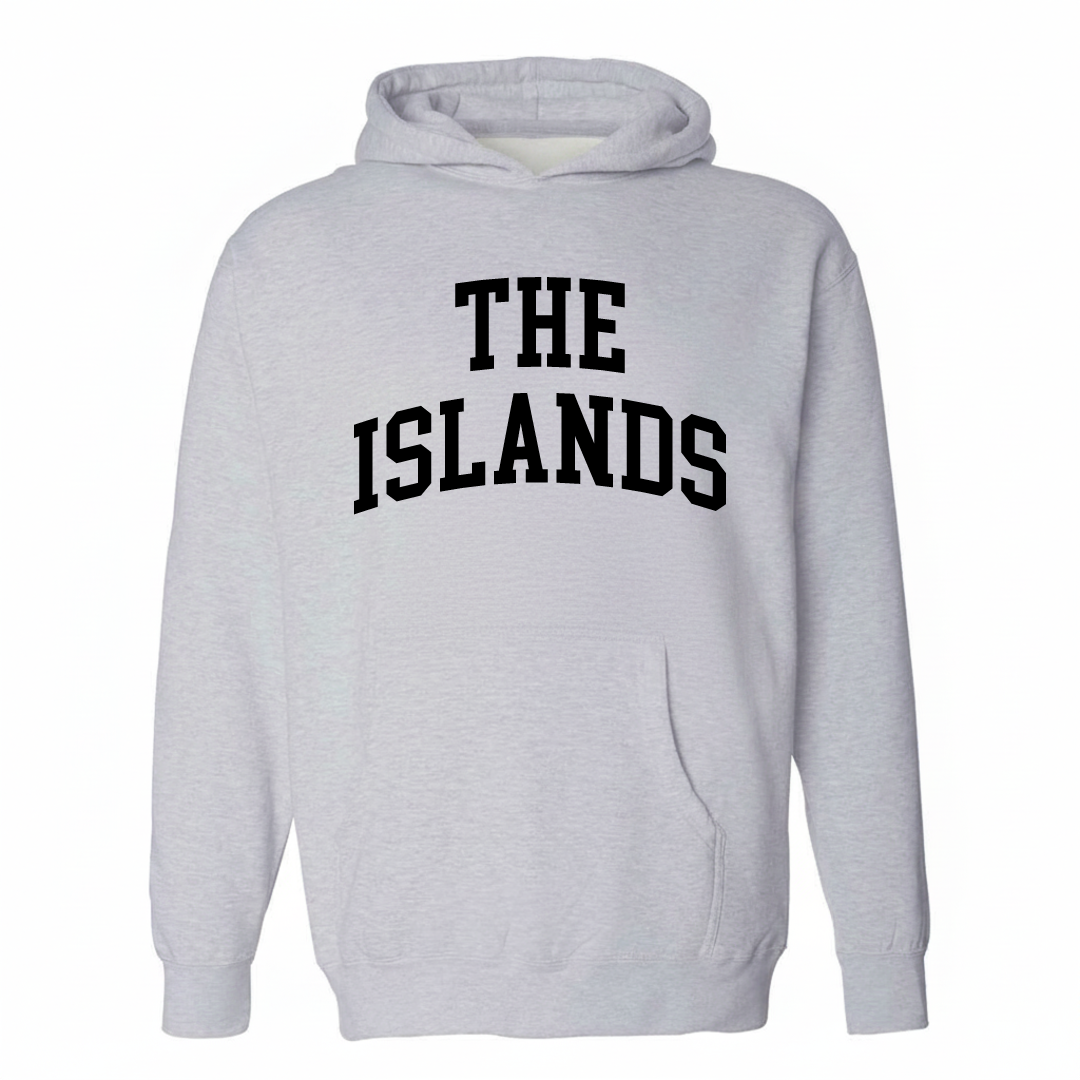 Heather-gray hoodie with The Islands Gilbert arched lettering design on the chest.