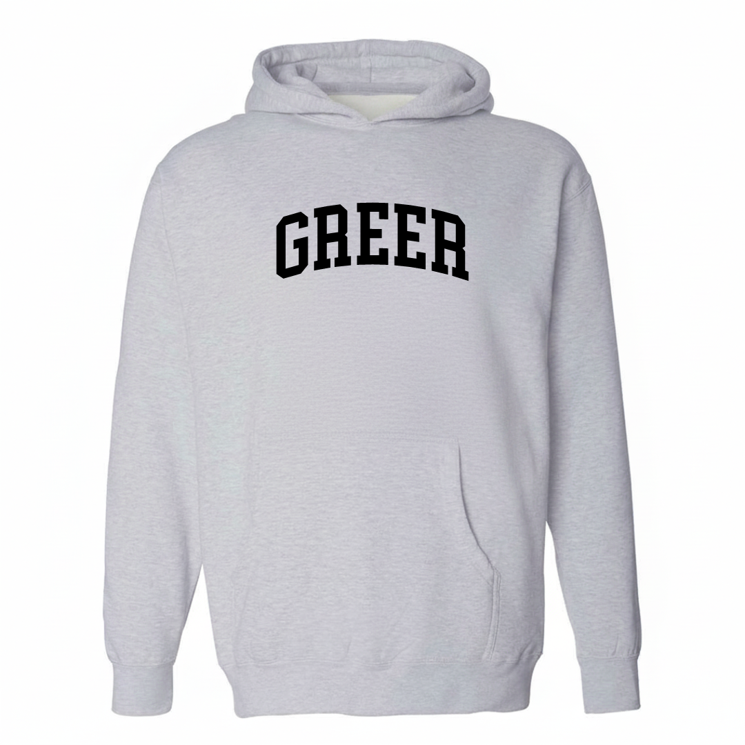 Heather-gray hoodie with the Greer varsity arched lettering design on the chest.