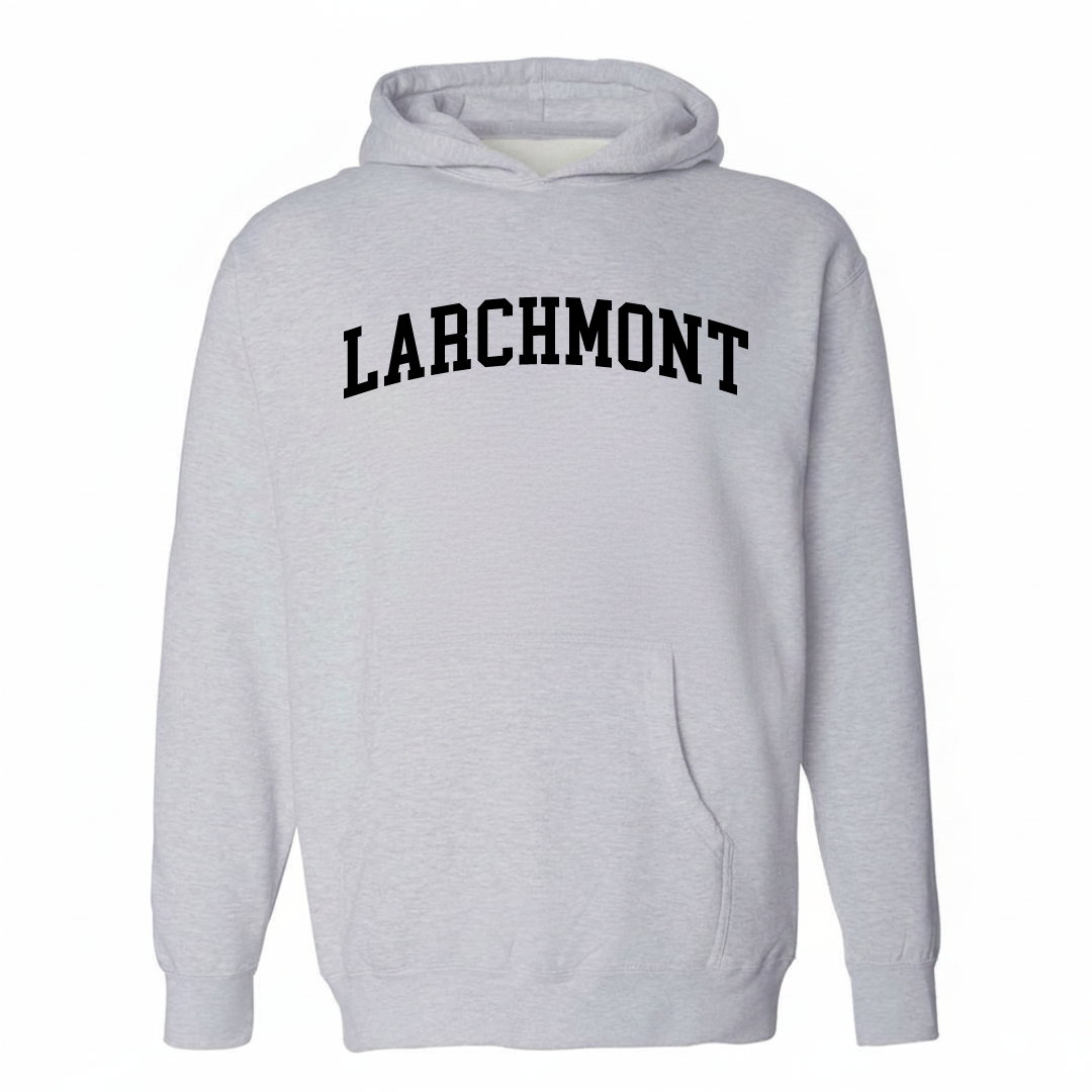 Heather-gray hoodie with the Larchmont varsity arched lettering design on the chest.