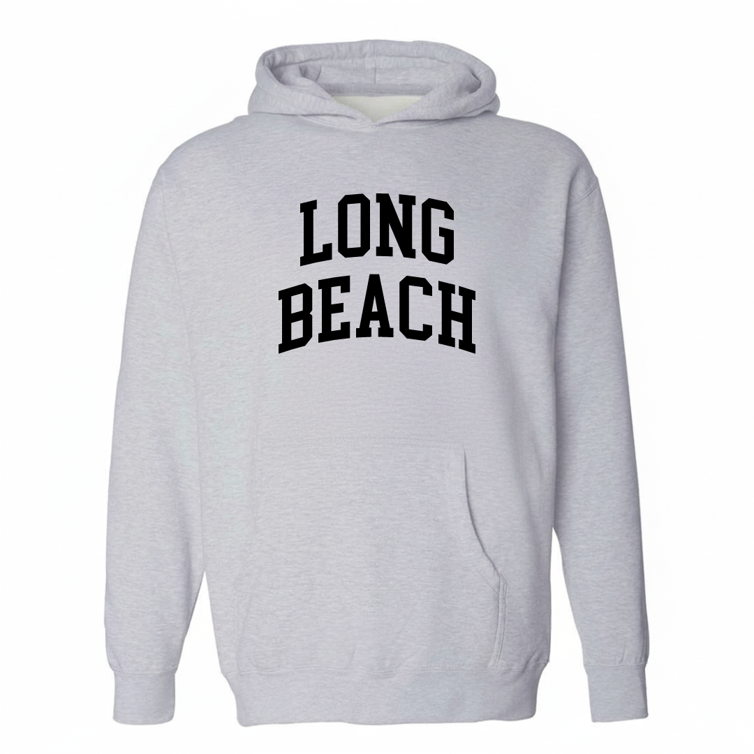 Heather-gray hoodie with the Long Beach arched varsity lettering design on the chest.