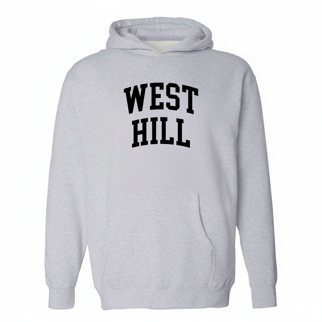 Heather-gray hoodie with the West Hill arched lettering varsity-collegiate design on the chest.