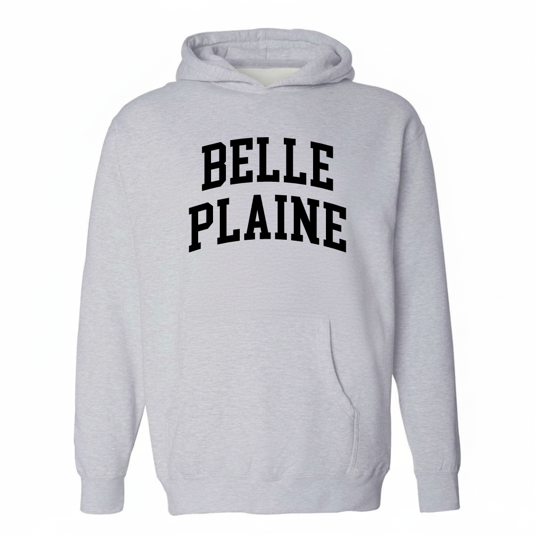 Heather-gray hoodie with the Belle Plaine varsity arched lettering design on the chest.