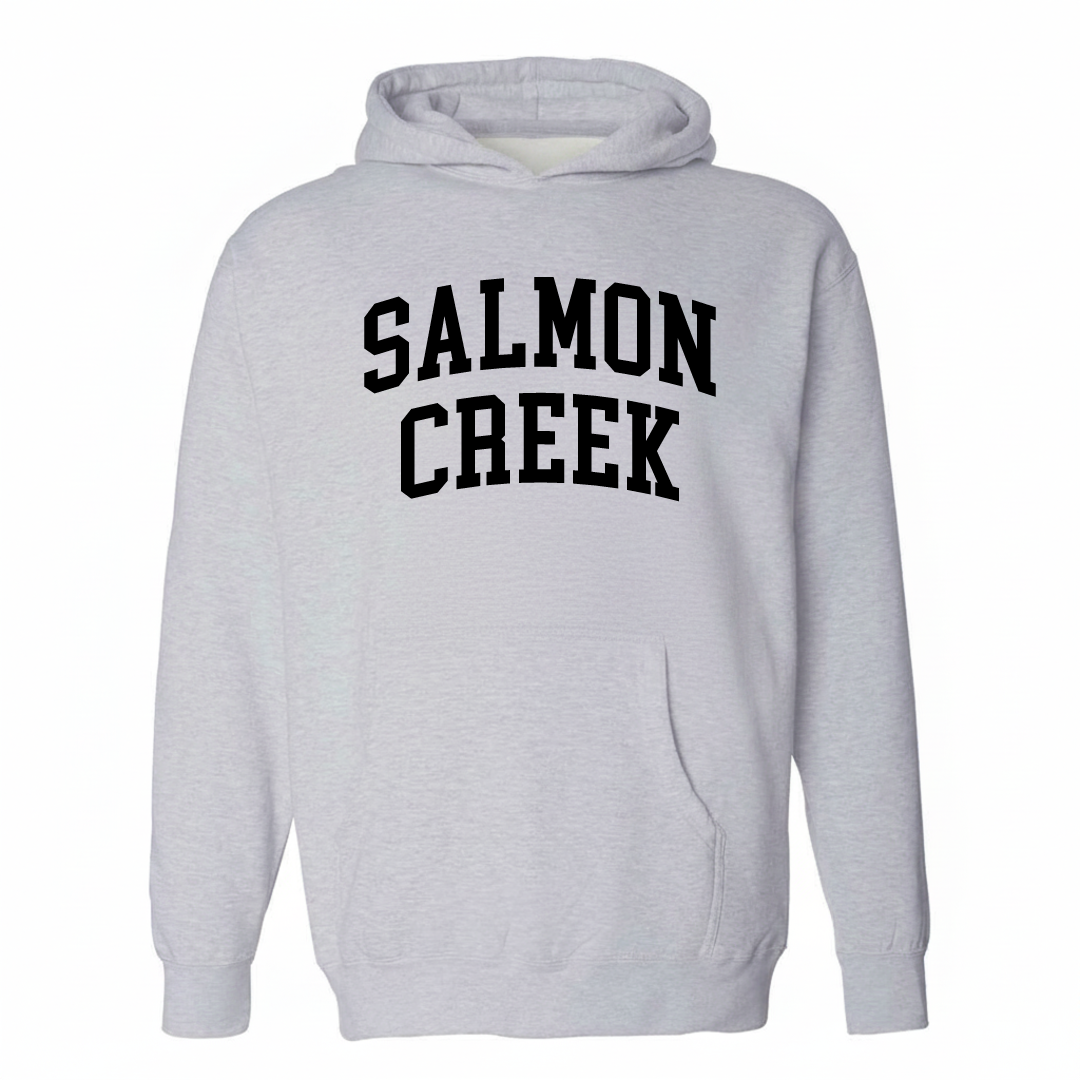 Heather-gray hoodie with the Salmon Creek varsity arched lettering design on the chest.