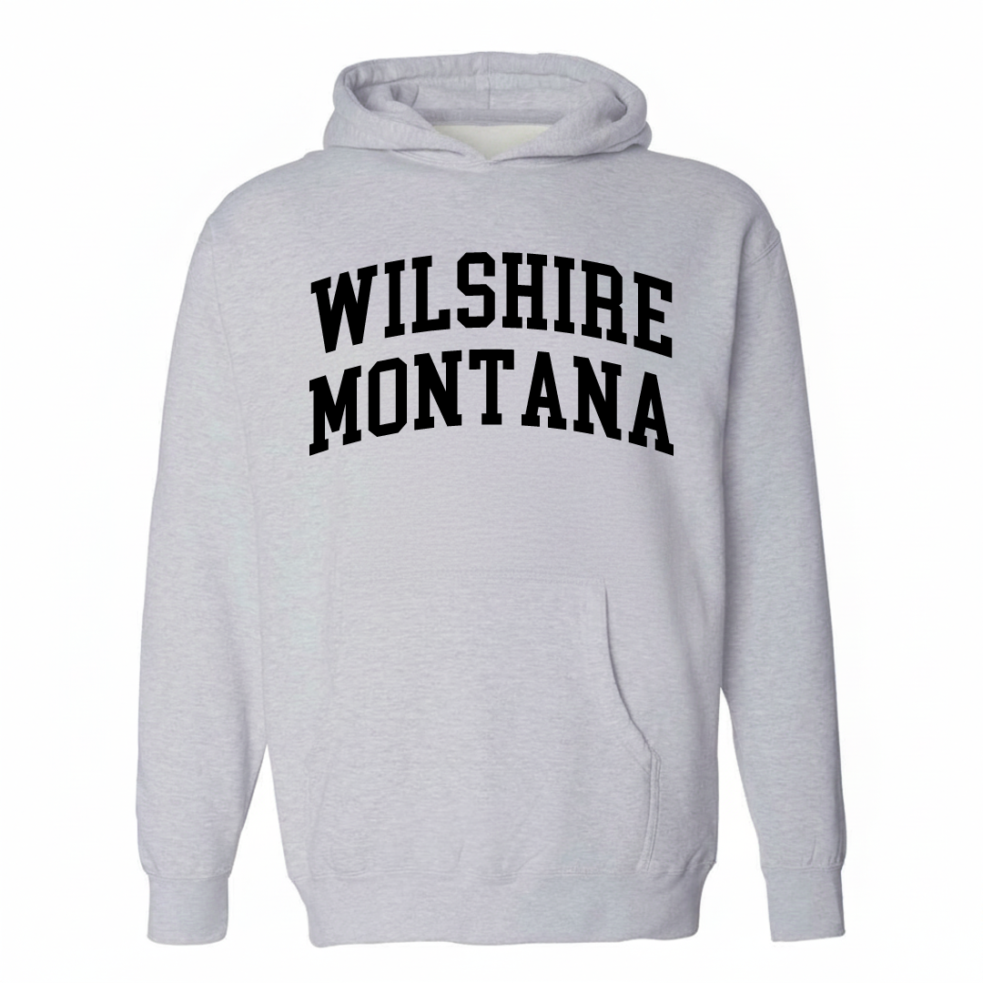 Heather-gray hoodie with the Wilshire-Montana arched lettering design on the chest.