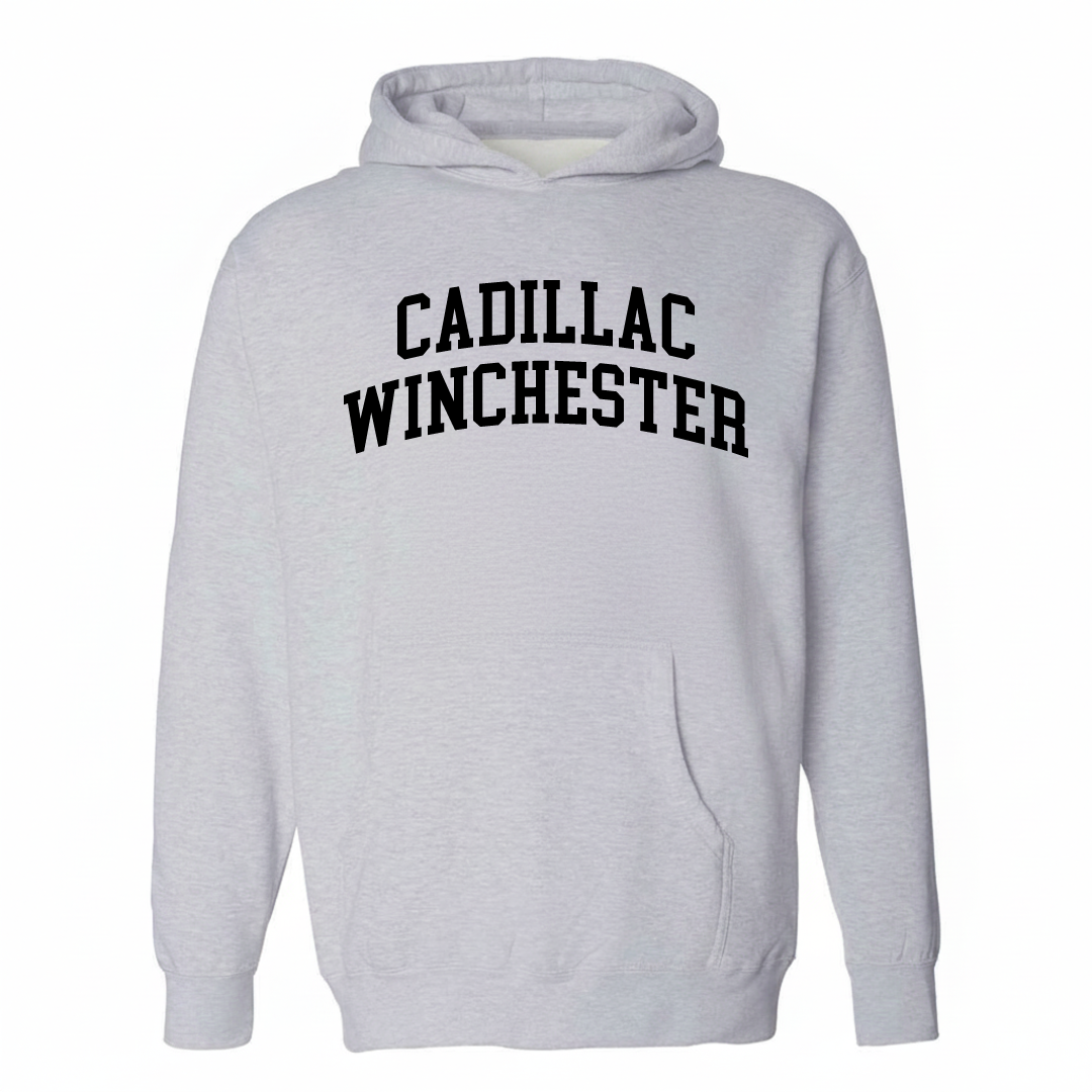 Heather-gray hoodie with the Cadillac Winchester varsity arched lettering design on the chest.