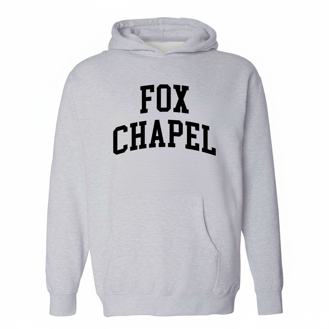 Heather-gray hoodie with the Fox Chapel varsity arched lettering design on the chest.