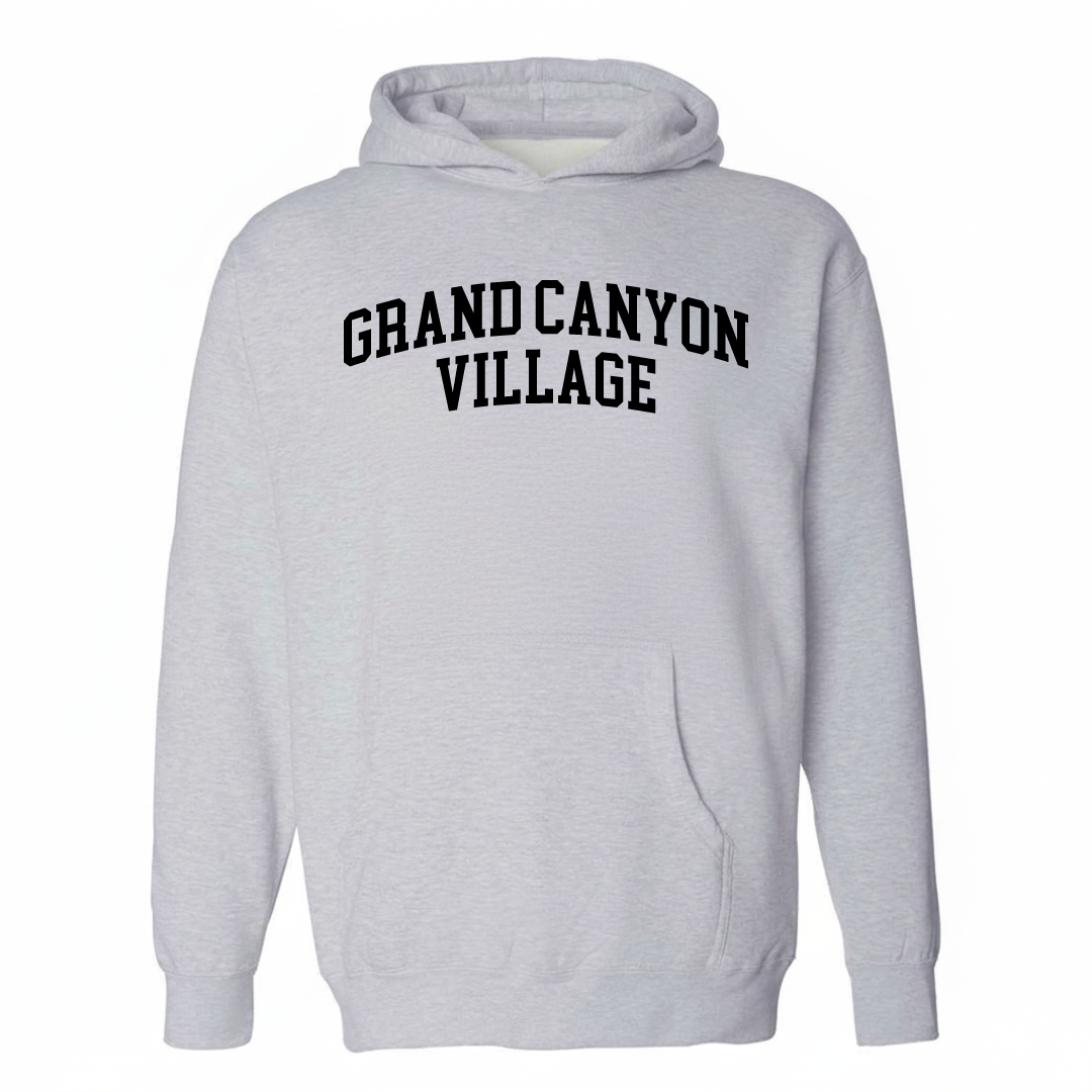 Heather-gray hoodie with the Grand Canyon Village arched lettering design on the chest.