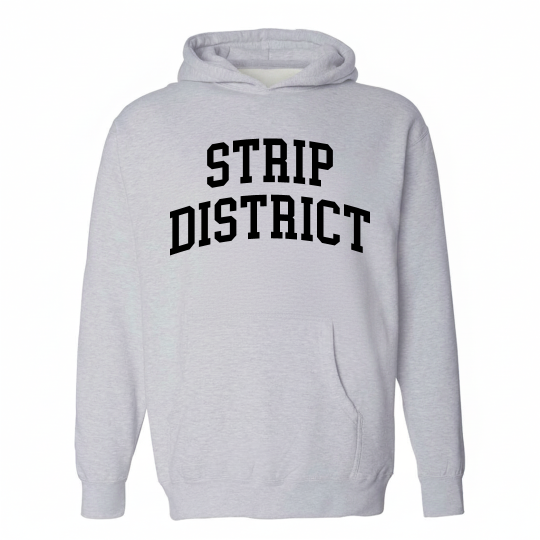 Heather-gray hoodie with the Strip District varsity arched lettering design on the chest.
