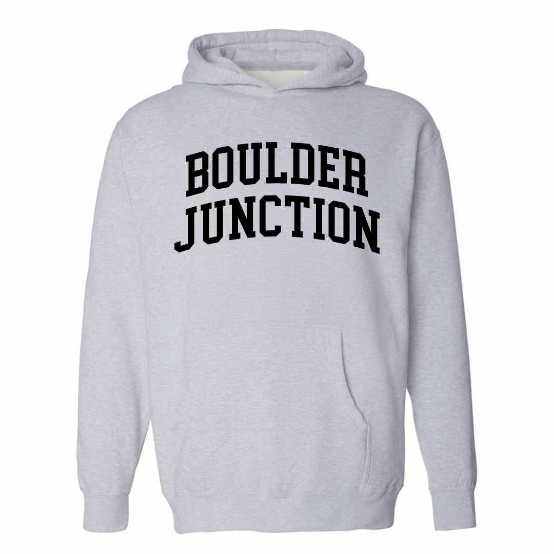 Heather-gray hoodie with the Boulder Junction arched lettering varsity design on the chest.