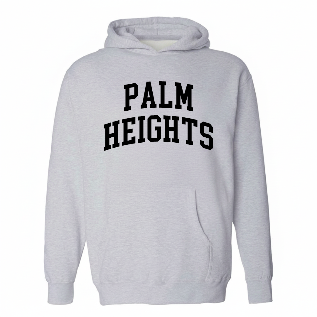 Heather-gray hoodie with the Palm Heights varsity arched lettering design on the chest.