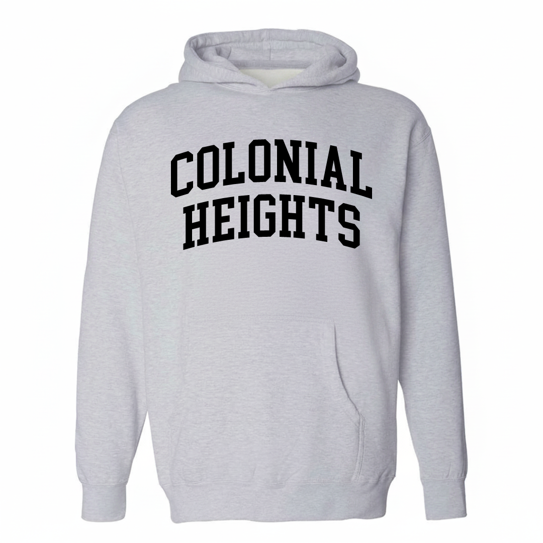 Heather-gray hoodie with the Colonial Heights arched varsity lettering design on the chest.