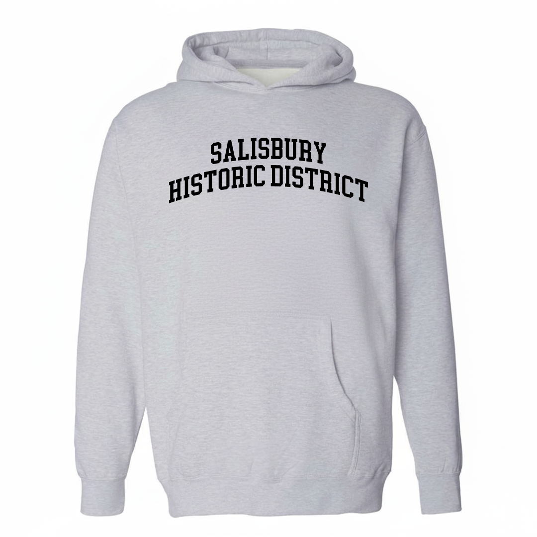 Heather-gray hoodie with the Salisbury Historic District varsity arched lettering design on the chest.