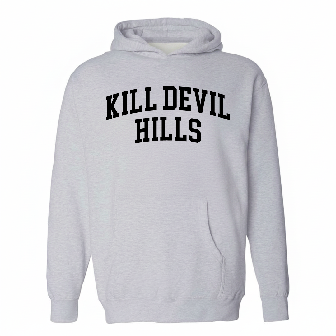 Heather-gray hoodie with the Kill Devil Hills varsity arched lettering design on the chest.