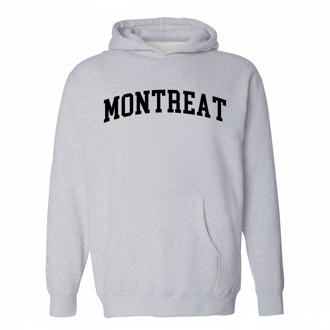 Heather-gray hoodie with the Montreat arched varsity lettering design on the chest.