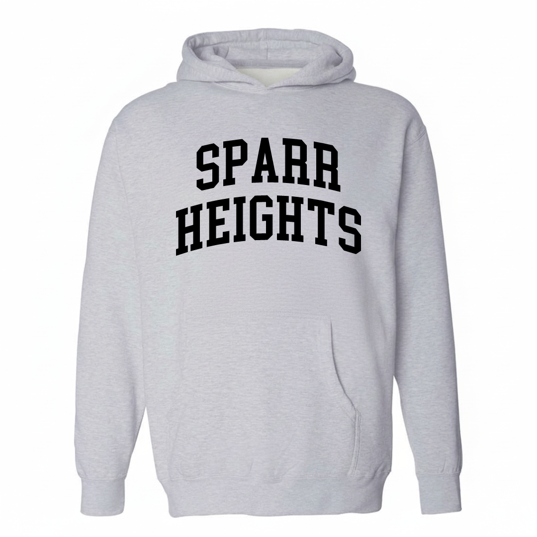 Heather-gray hoodie with the Sparr Heights varsity arched lettering design on the chest.