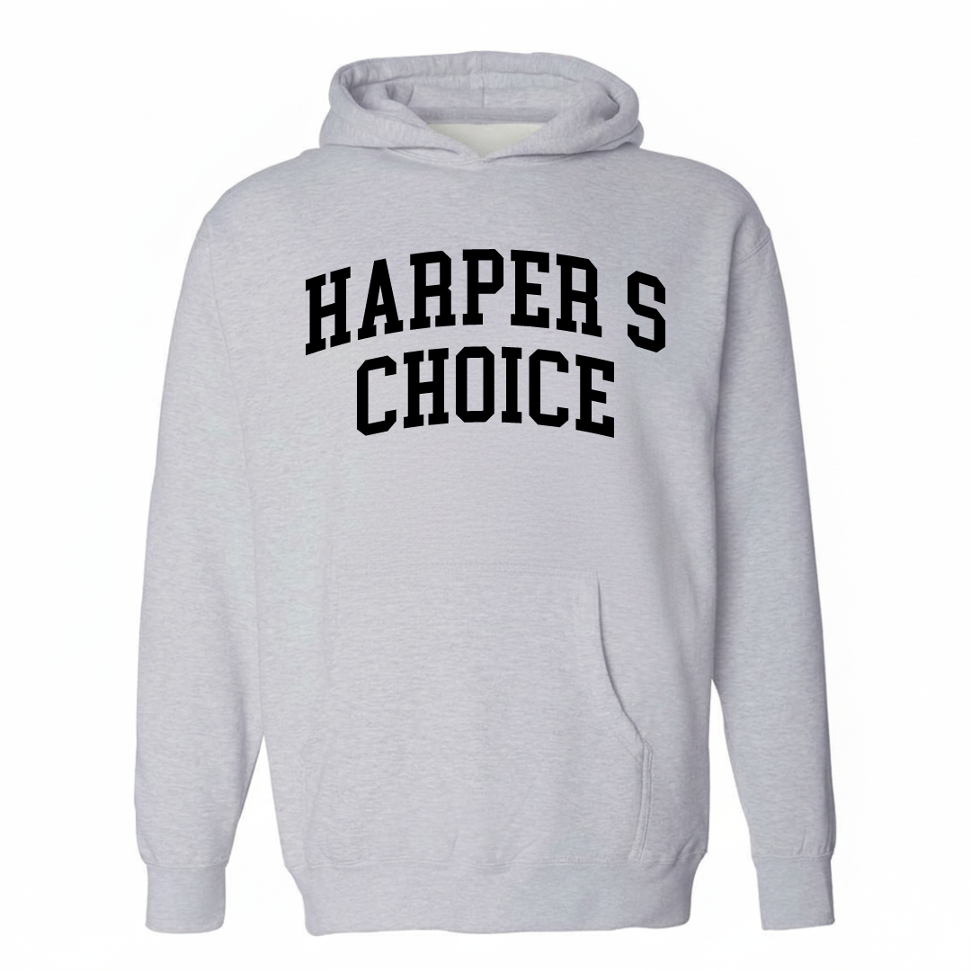 Heather-gray hoodie with the Harper's Choice varsity arched lettering design on the chest.