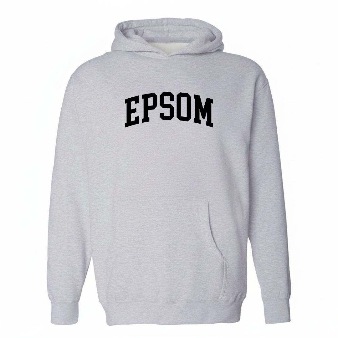 Heather-gray hoodie with the Epsom arched varsity lettering design on the chest.