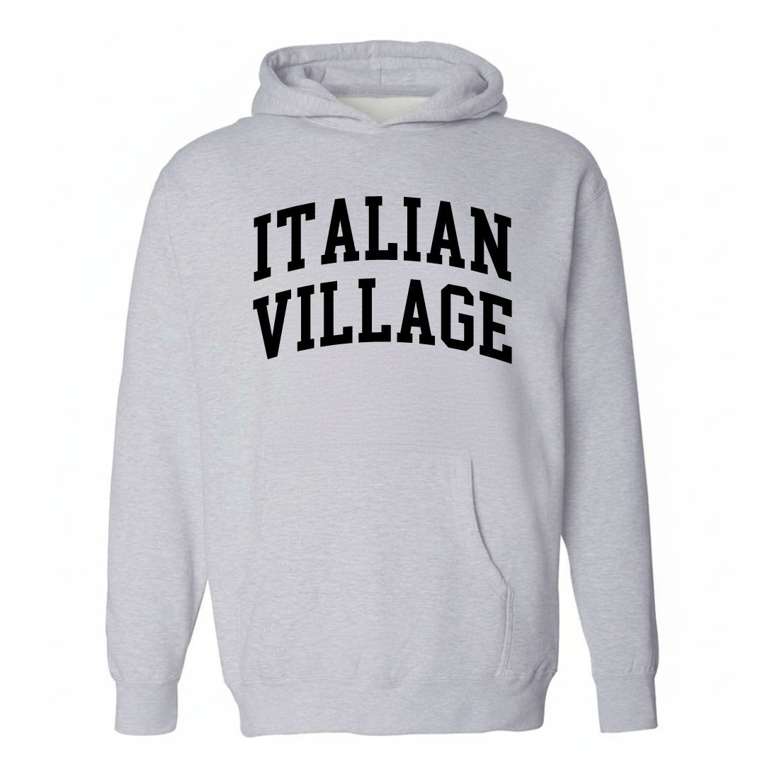 Heather-gray hoodie with the Italian Village arched lettering design on the chest.