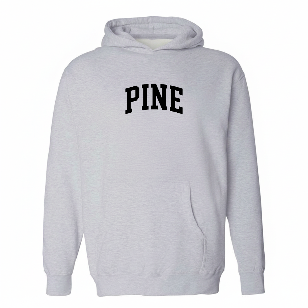 Heather-gray hoodie with the Pine Township varsity arched lettering design on the chest.