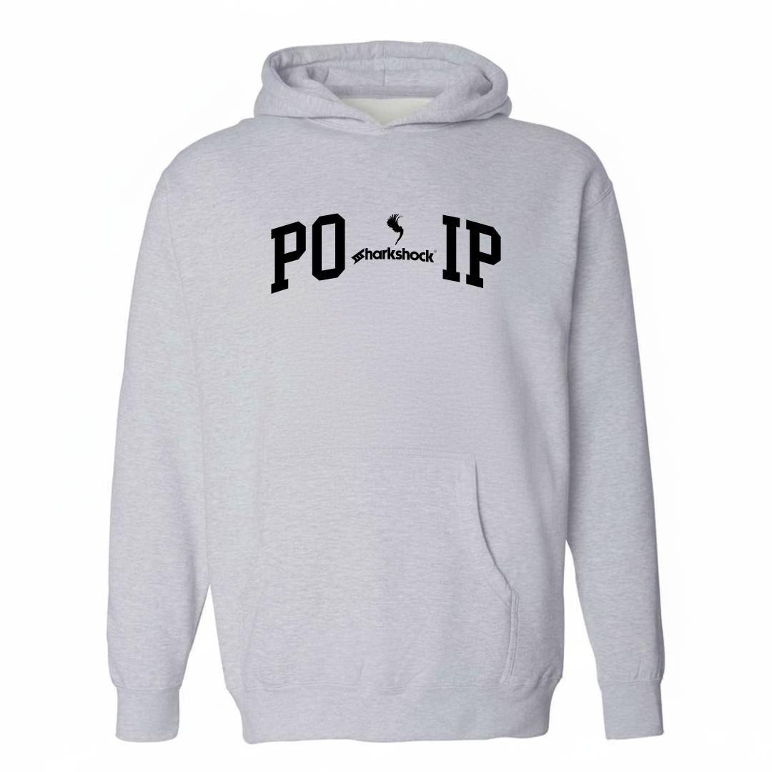 Heather-gray hoodie with the Poʻipū varsity arched lettering design on the chest.