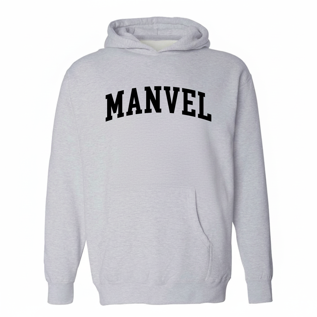 Heather-gray hoodie with the Manvel varsity arched lettering design on the chest.