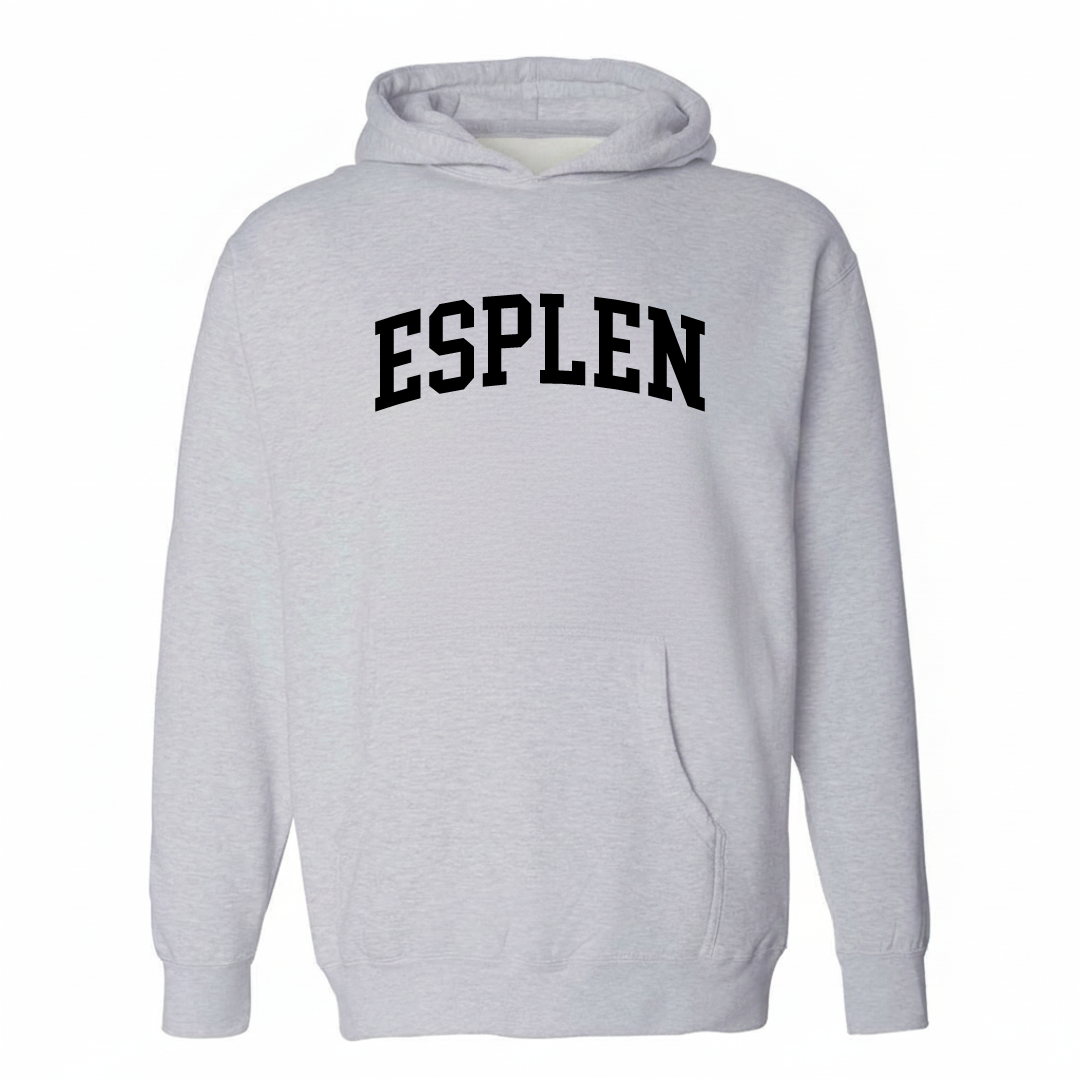 Heather-gray hoodie with the Esplen varsity arched lettering design on the chest.