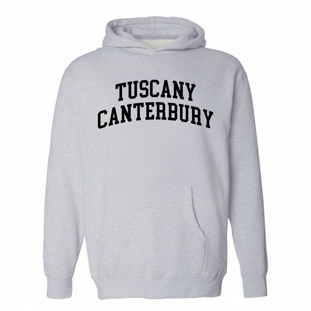 Heather-gray hoodie with the Tuscany-Canterbury varsity arched lettering design on the chest.