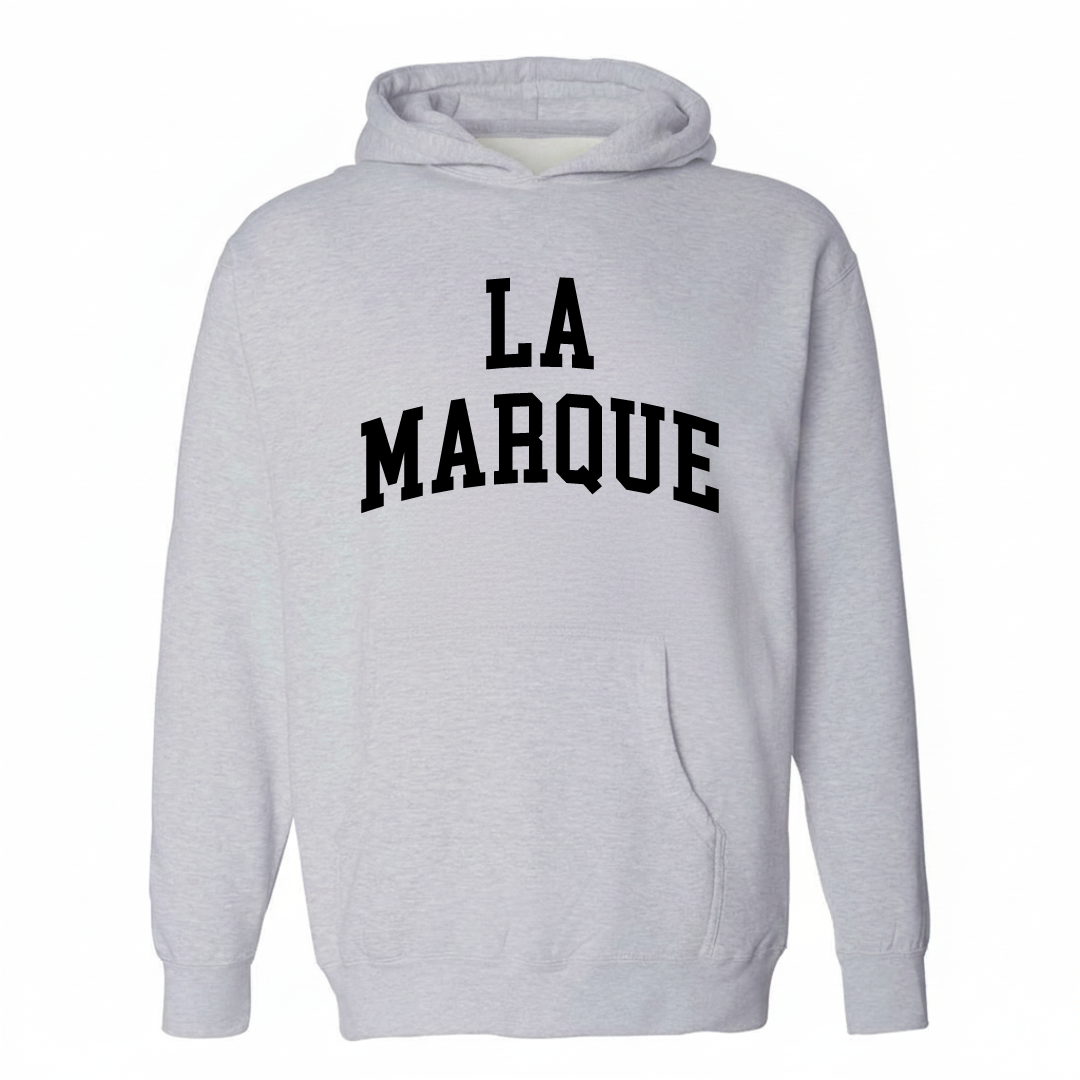 Heather-gray hoodie with the La Marque varsity arched lettering design on the chest.
