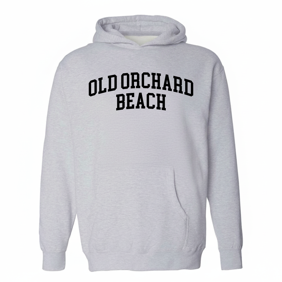 Heather-gray hoodie with the Old Orchard Beach varsity arched lettering design on the chest.