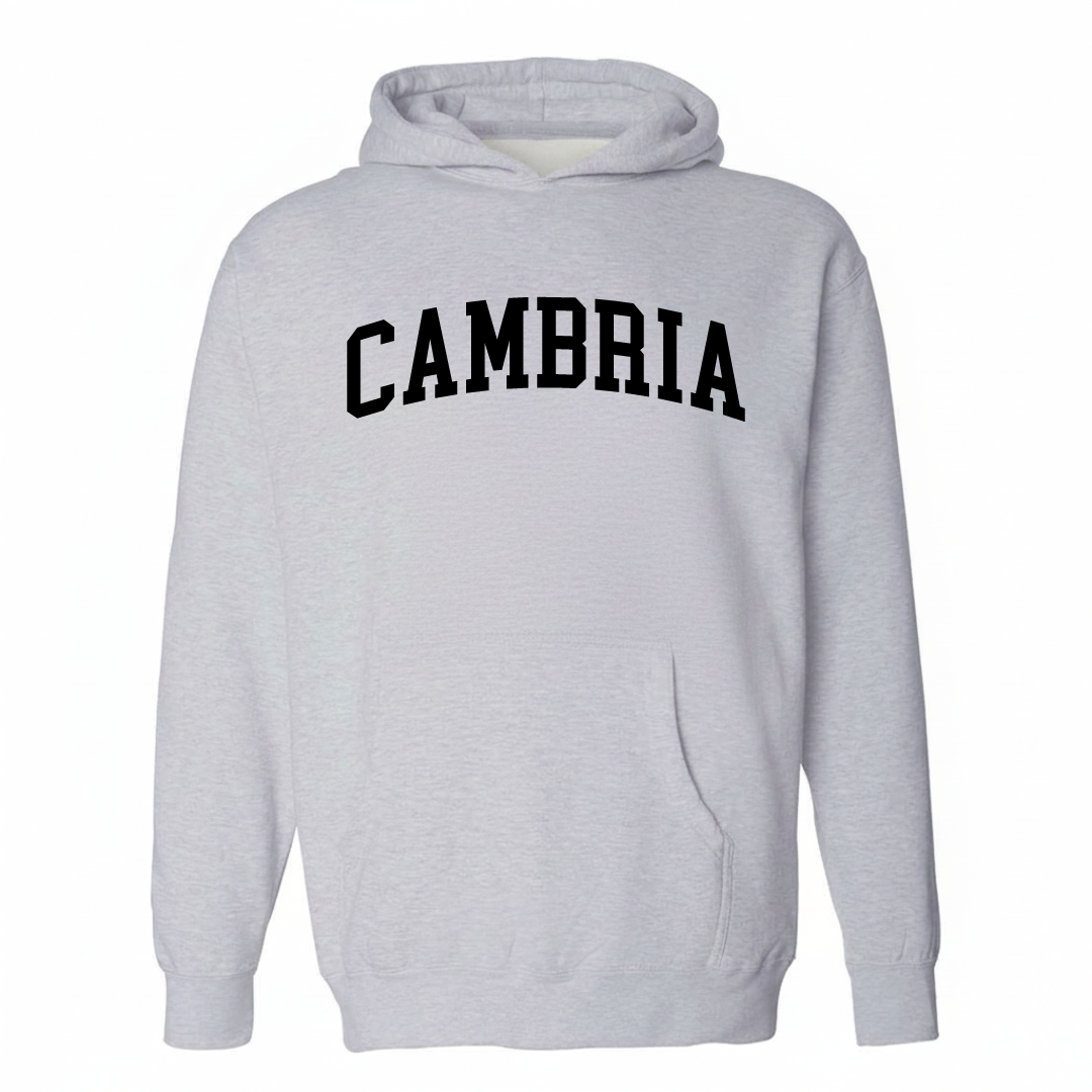 Heather-gray hoodie with the Cambria arched varsity lettering design on the chest.