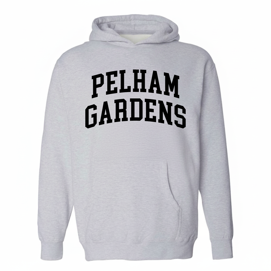 Heather-gray hoodie with the Pelham Gardens arched lettering design on the chest.