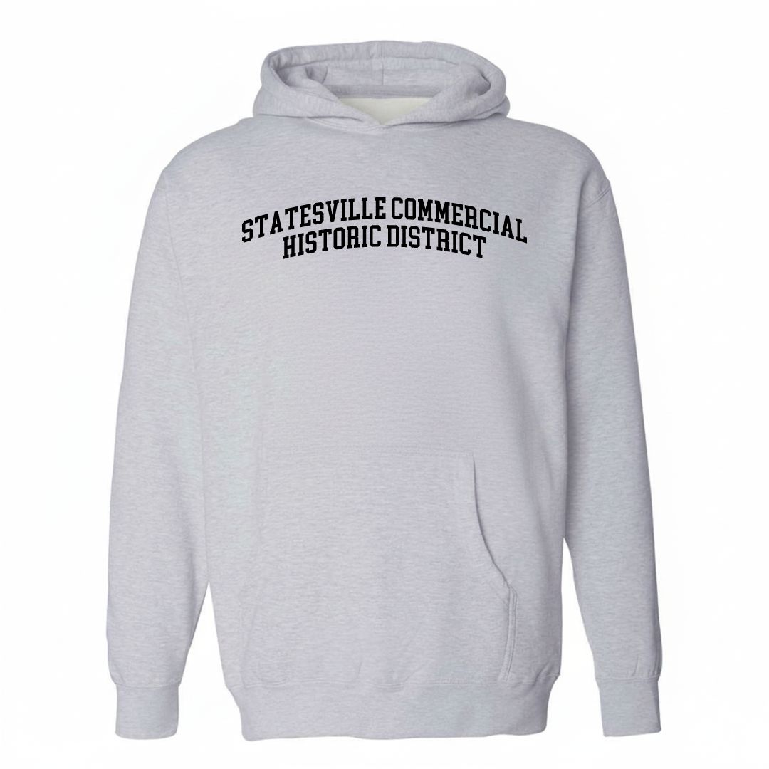 Heather-gray hoodie with the Statesville Commercial Historic District varsity arched lettering design on the chest.