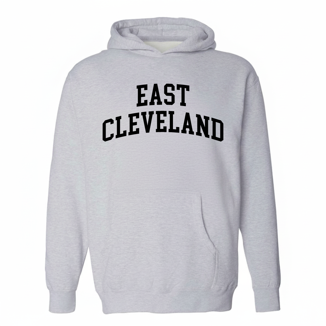 Heather-gray hoodie with the East Cleveland varsity arched lettering design on the chest.