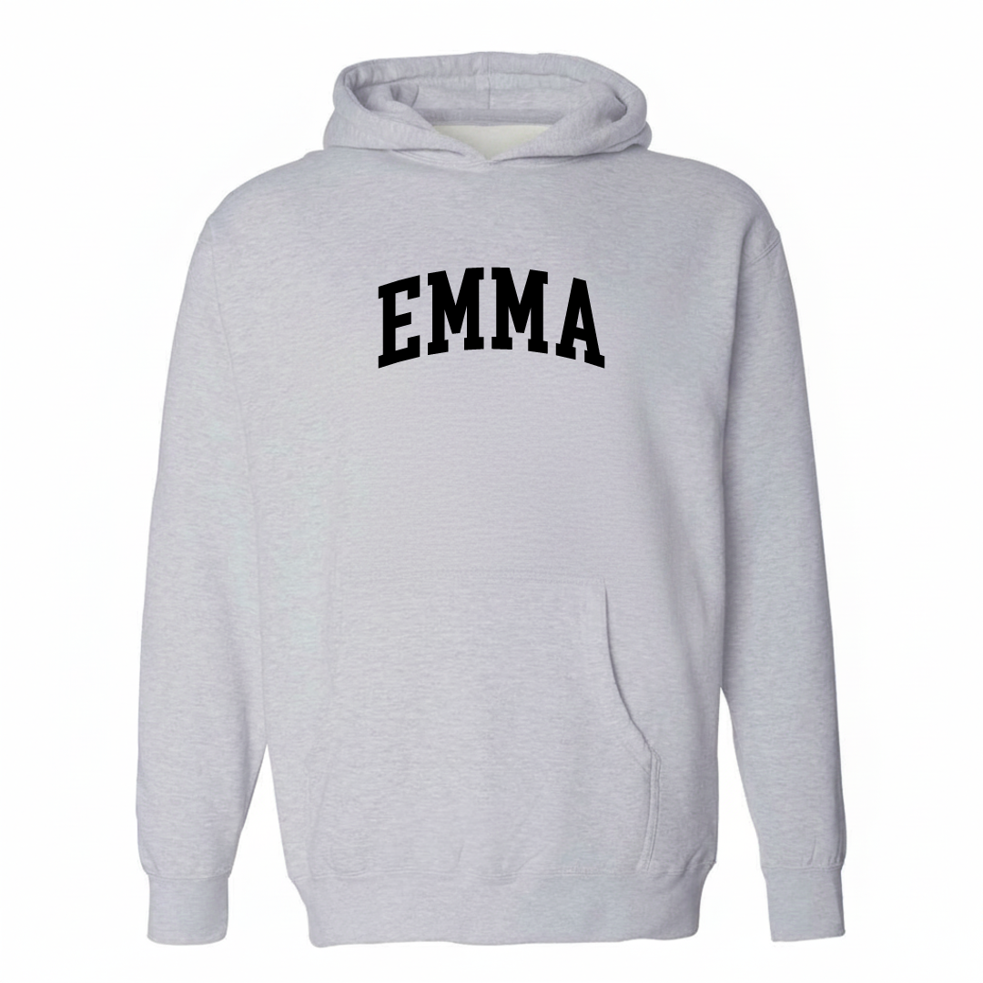 Heather-gray hoodie with the Emma varsity arched lettering design on the chest.